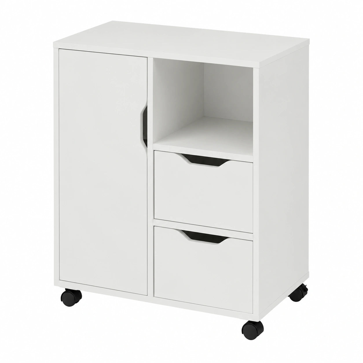 Mobile da Ufficio con Ruote e Cassetti, Armadietto e Ripiano Aperto, Bianco L60xP35xA70cm