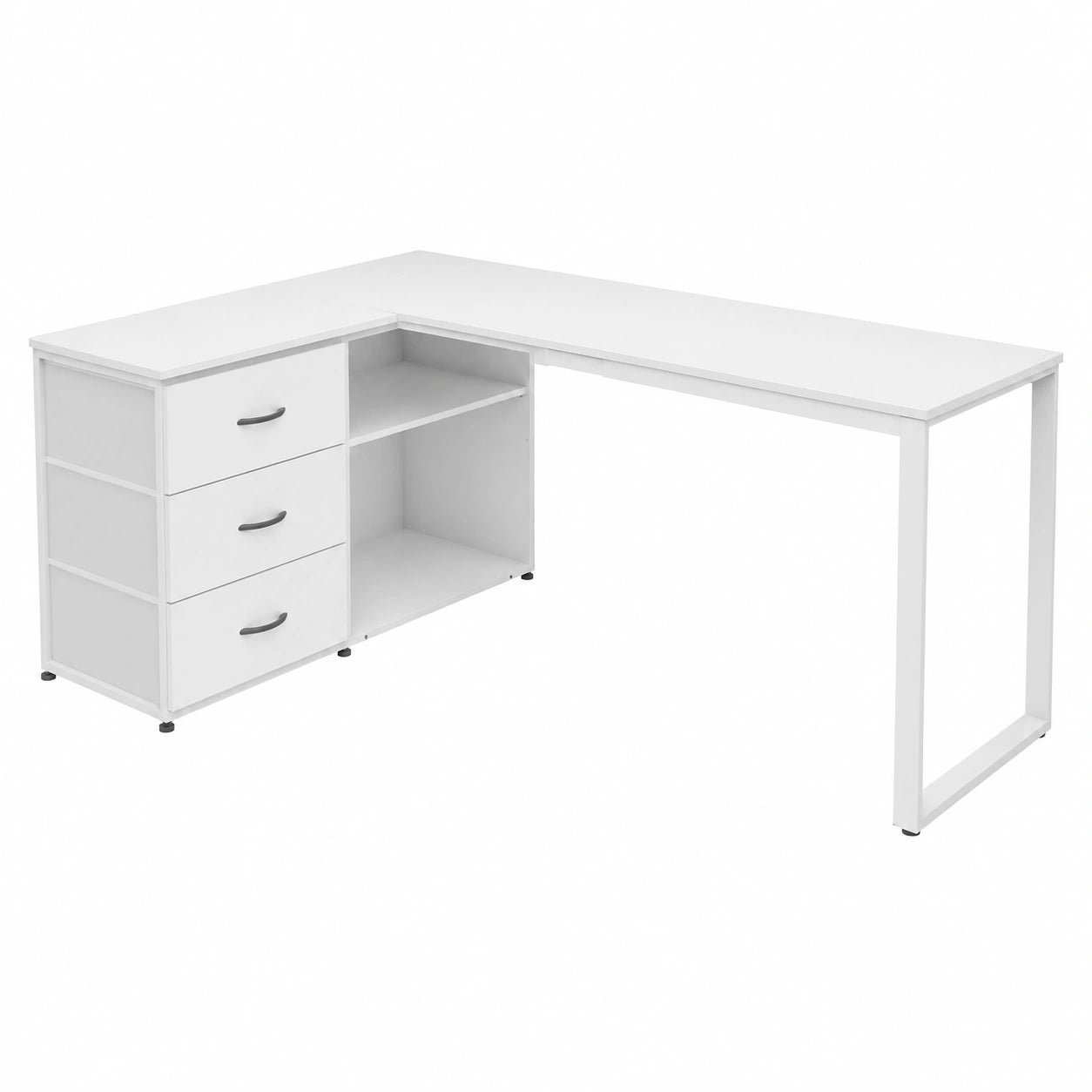 Scrivania Angolare per Computer con 3 Cassetti e USB, 140x105x75cm, Ufficio Moderno, Bianco