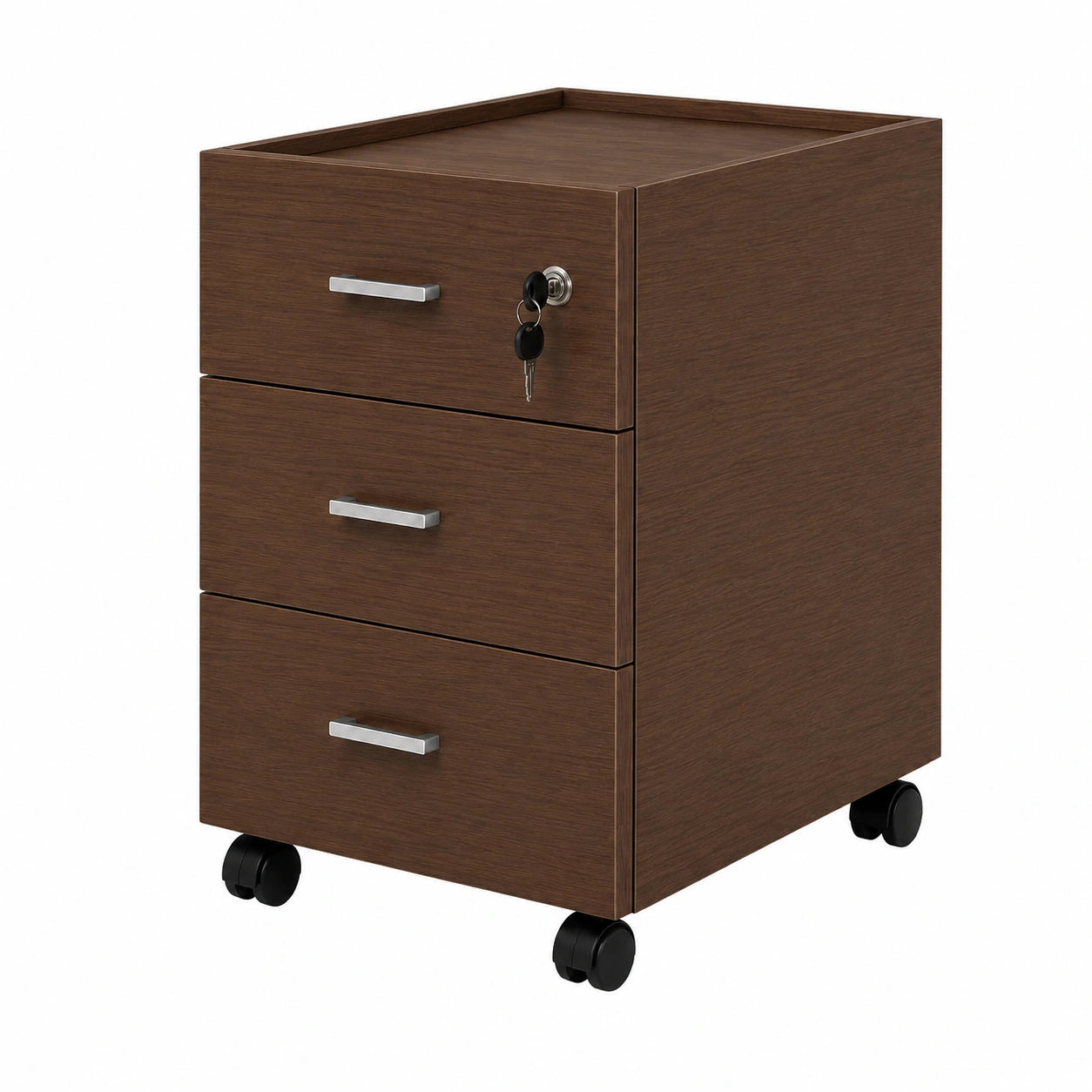 Cassettiera da ufficio con serratura e ruote, 3 cassetti, 40x51,5x55 cm, noce
