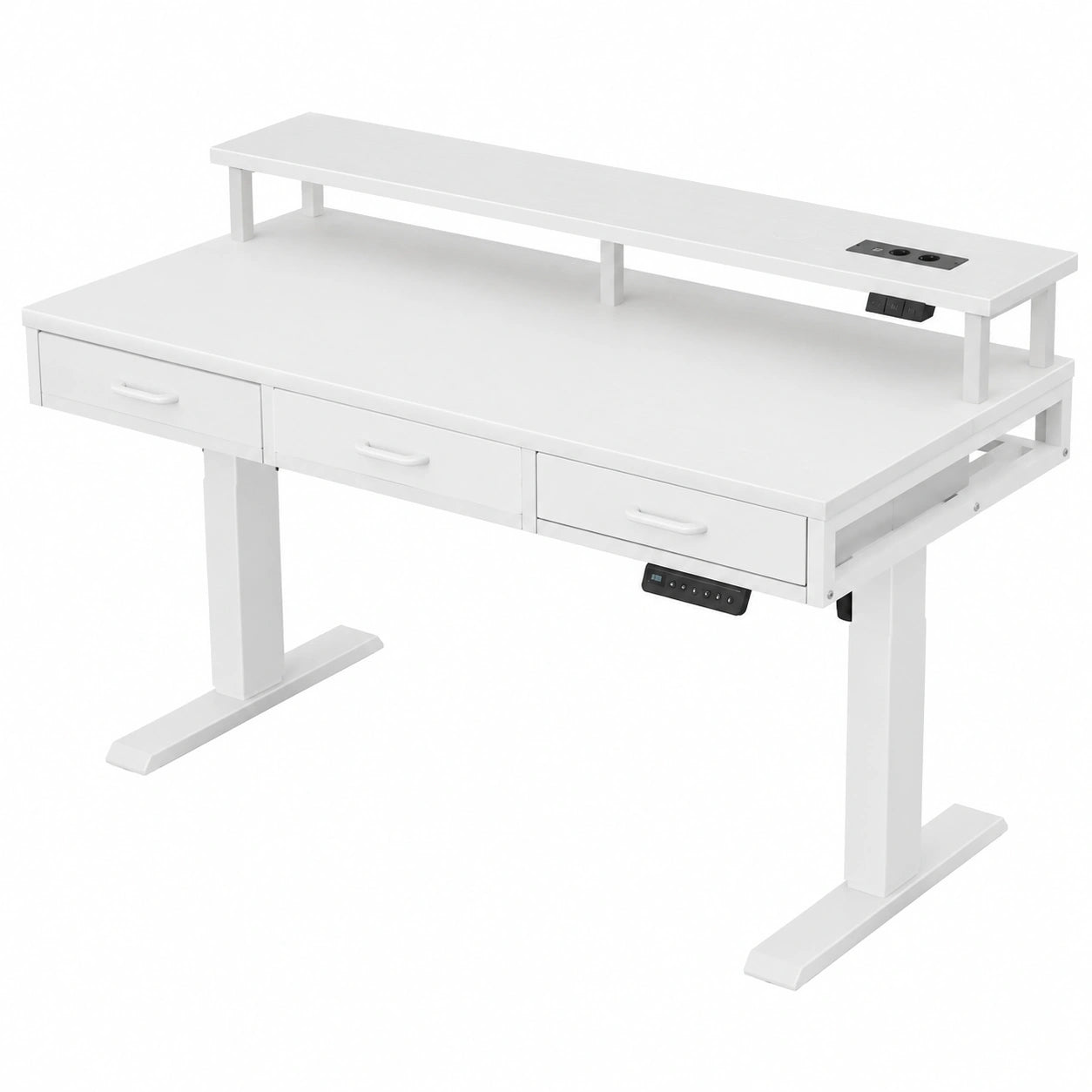 Scrivania Elettrica Regolabile con Cassetti e Luce LED, Tavolo da Gaming con Prese, Bianco, 120cm