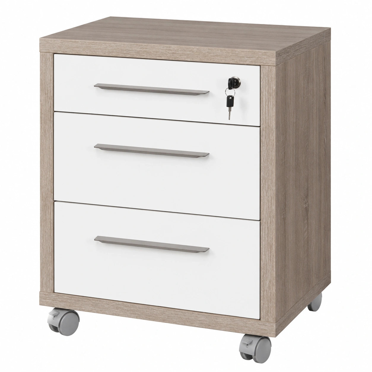 Comò con Ruote e 3 Cassetti in Rovere Sonoma e Bianco, 48.6x63.1x45.2 cm, Perfetto per Ufficio