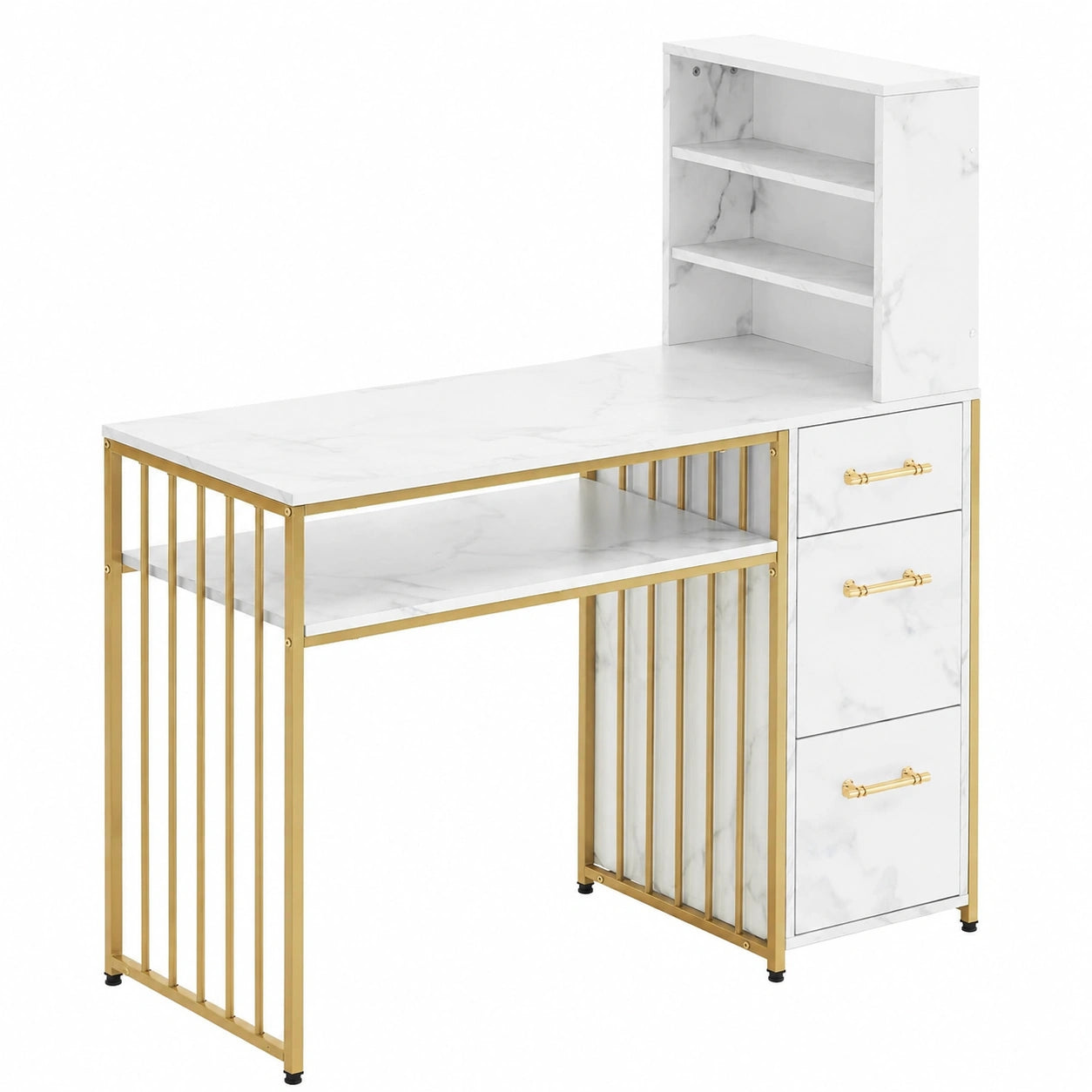 Scrivania MCombo con 3 cassetti, tavolo multifunzionale in legno e metallo, adatta per computer e studio, senza specchio, 43x108x125 cm