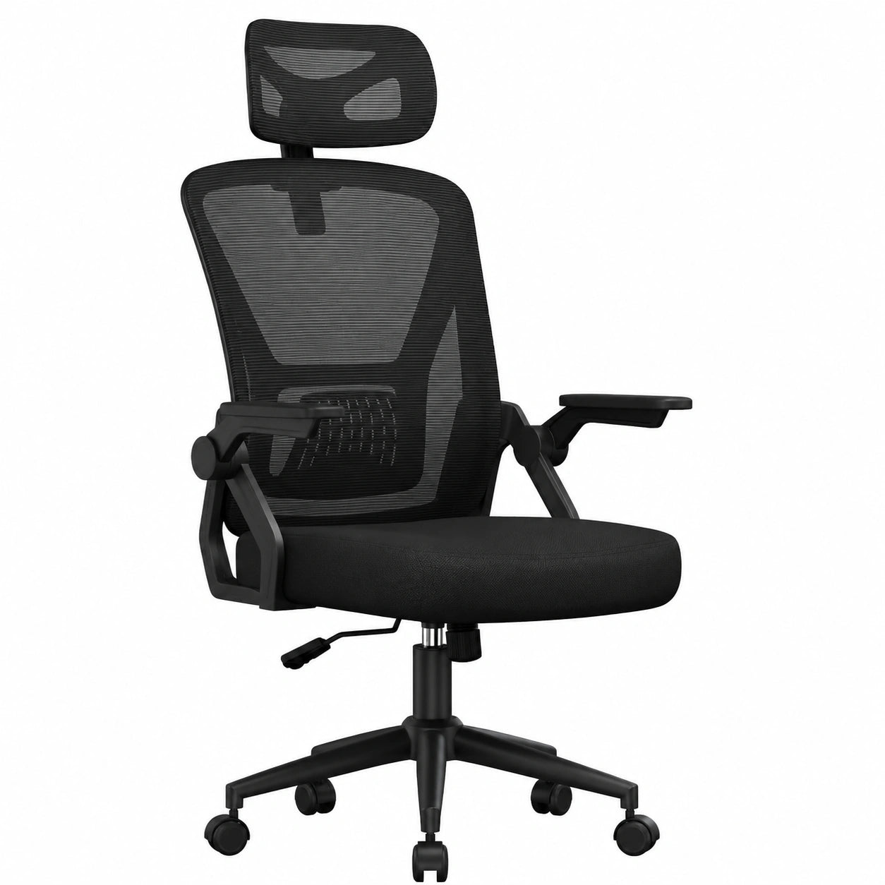 Sedia da Ufficio Ergonomica Nera con Braccioli Pieghevoli e Poggiatesta