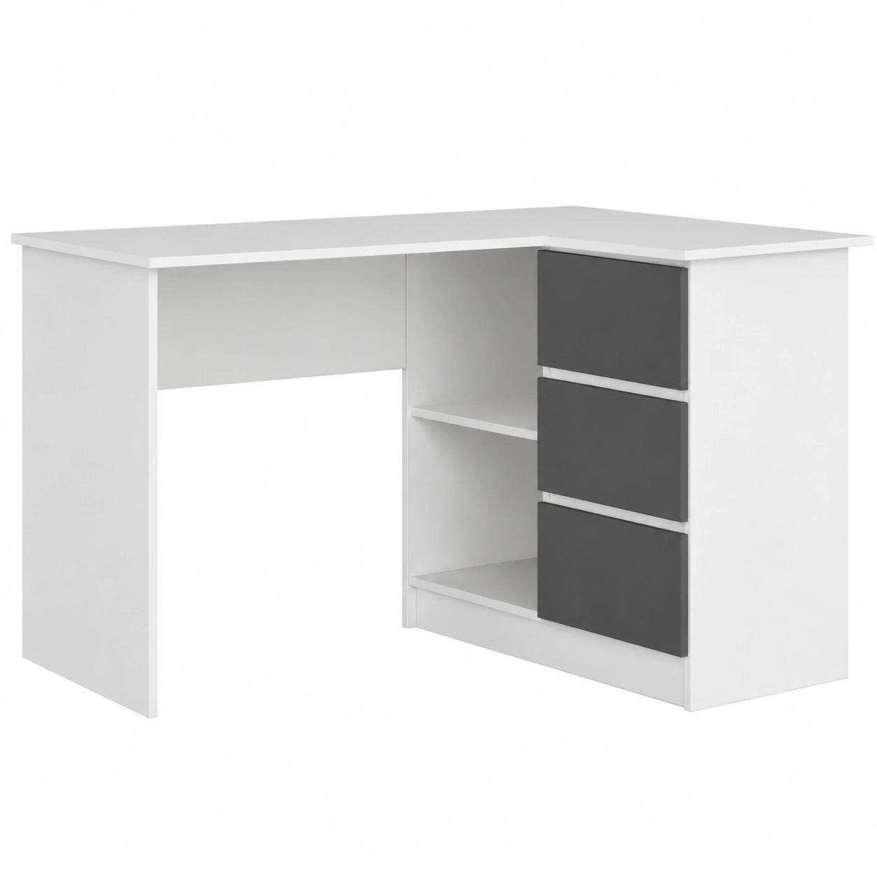 Scrivania ad Angolo Moderna con Cassetti e Ripiani, Bianco e Grigio, 124x77x85cm
