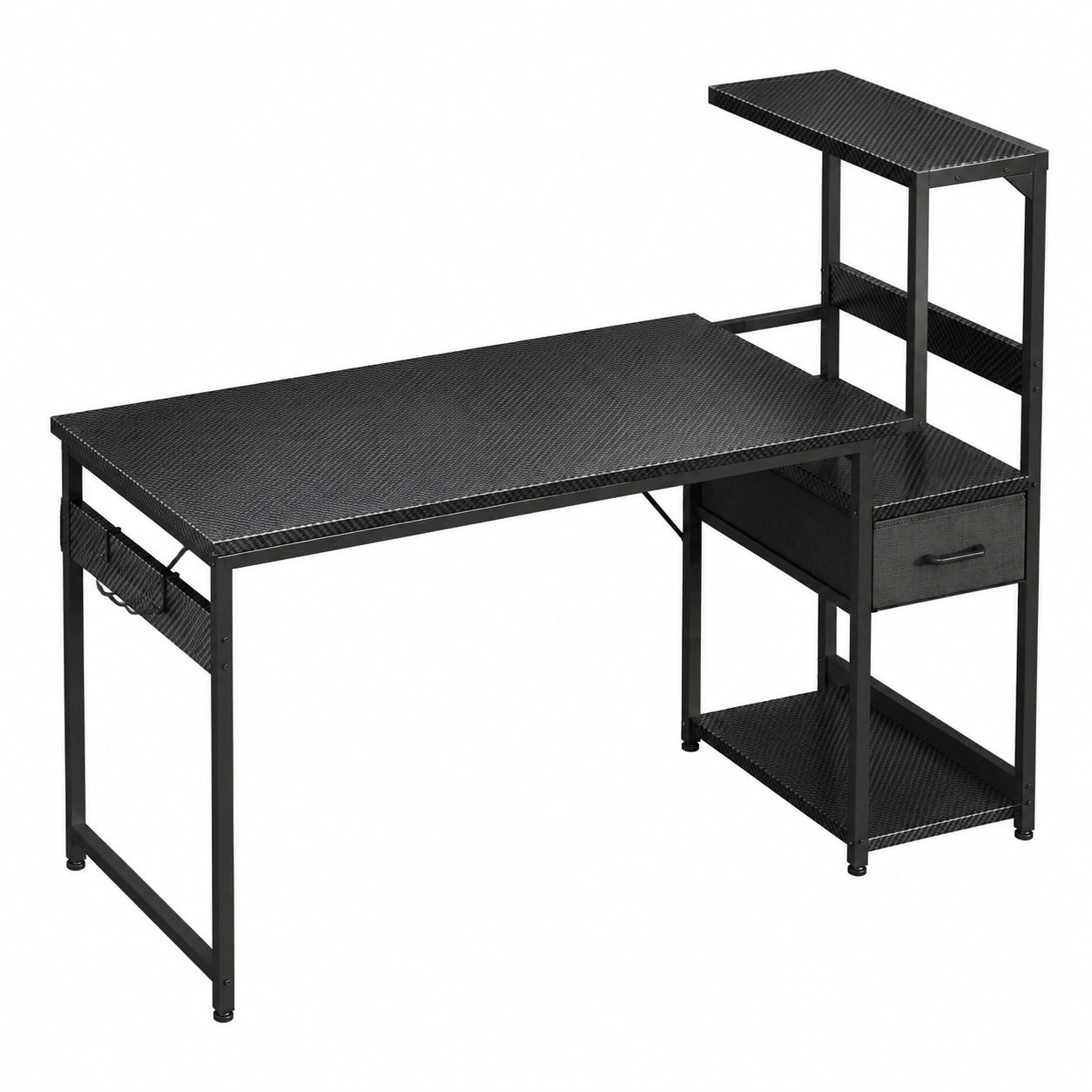 Scrivania da Gaming 120x48cm con LED, Cassetti e Libreria, Design Reversibile con Supporto Cuffie, Nero in Fibra di Carbonio