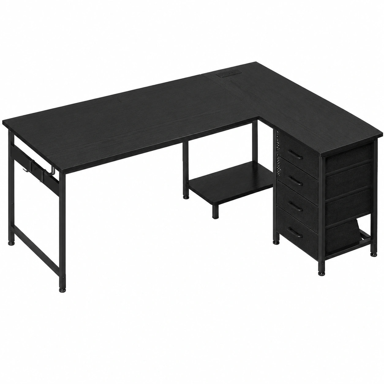 Scrivania Angolare Reversibile con Cassetti e Prese USB, 135x100 cm, Salvaspazio con Spazio di Archiviazione, Nero