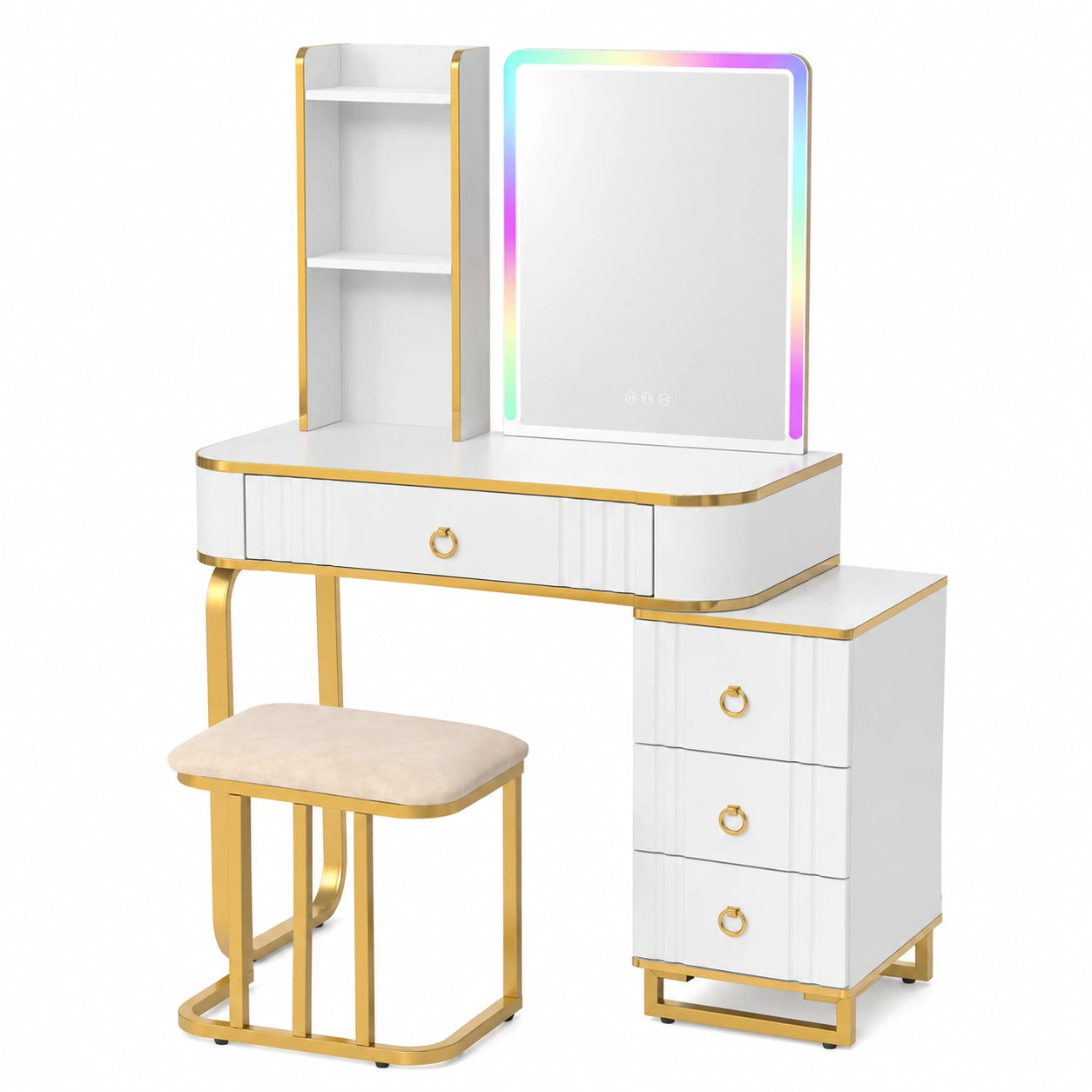 Tavolino da Trucco con Luci LED, Set con Sgabello e Porte USB, 4 Cassetti, Telecomando, 7 Colori, per Camera da Letto (Bianco)