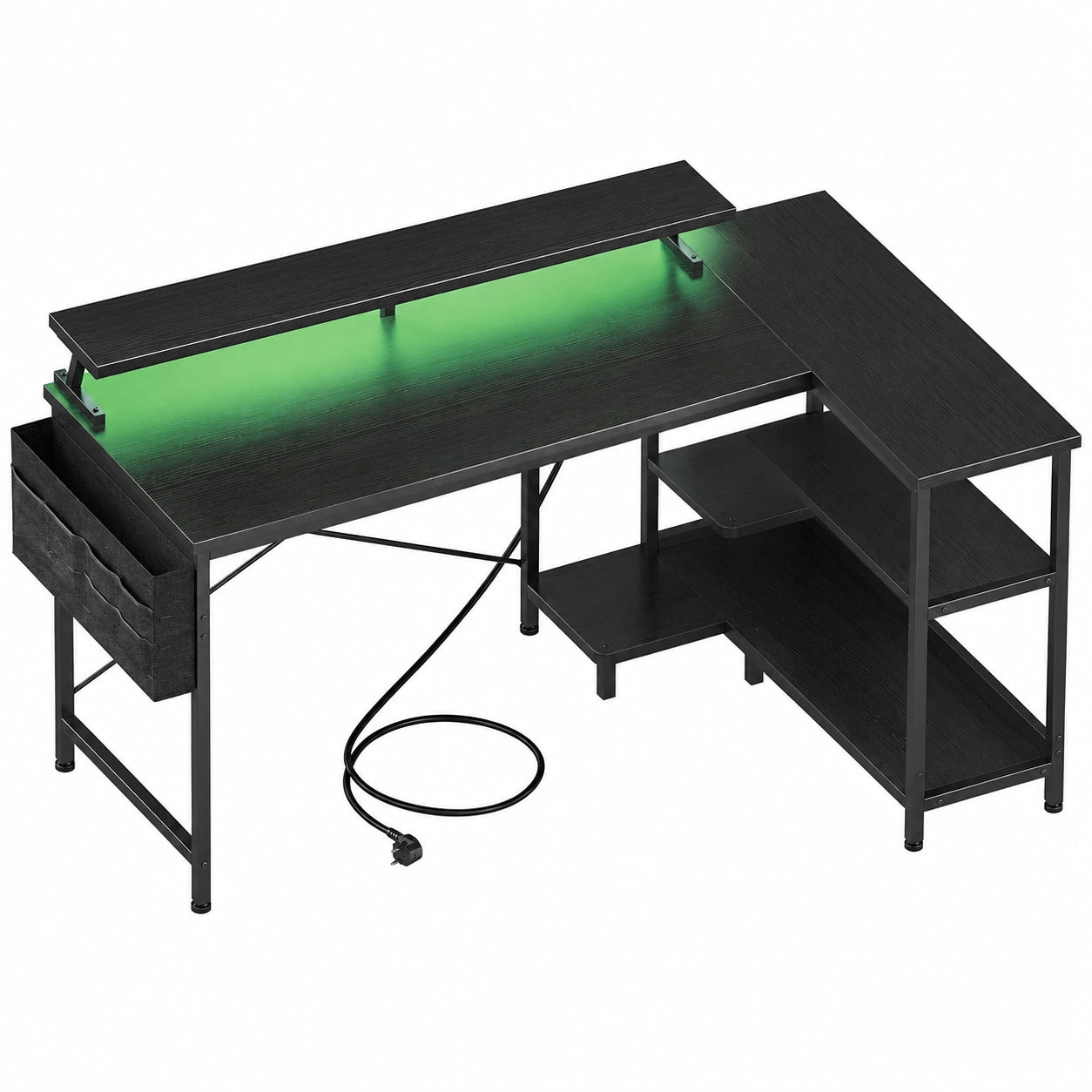 Scrivania da Gioco con LED e Porta USB, 120x80cm con Ripiani e Supporto Monitor, Design Reversibile per Casa e Ufficio, Colore Nero